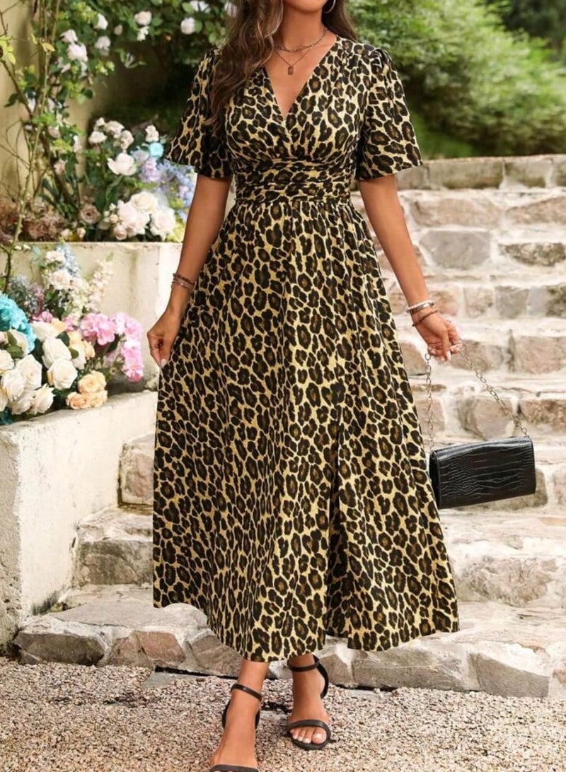 Shein SHEIN Clasi Women's Casual Leopard Print Slit Waist Dress, Summer Maxi Women Outfit - Image 5