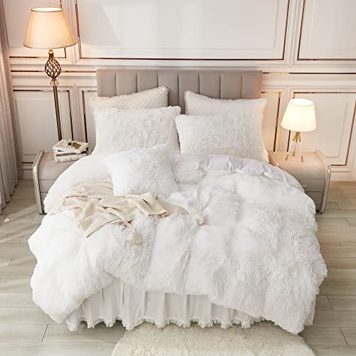 annadaif White Duvet Cover King Fluffy, Soft Faux Fur Velvet Comforter Cover, Luxury Fuzzy Plush Shaggy Bedding Sets 3 Pieces (1 Duvet Cover, 2 Pillowcases), Zipper Closure - Image 1