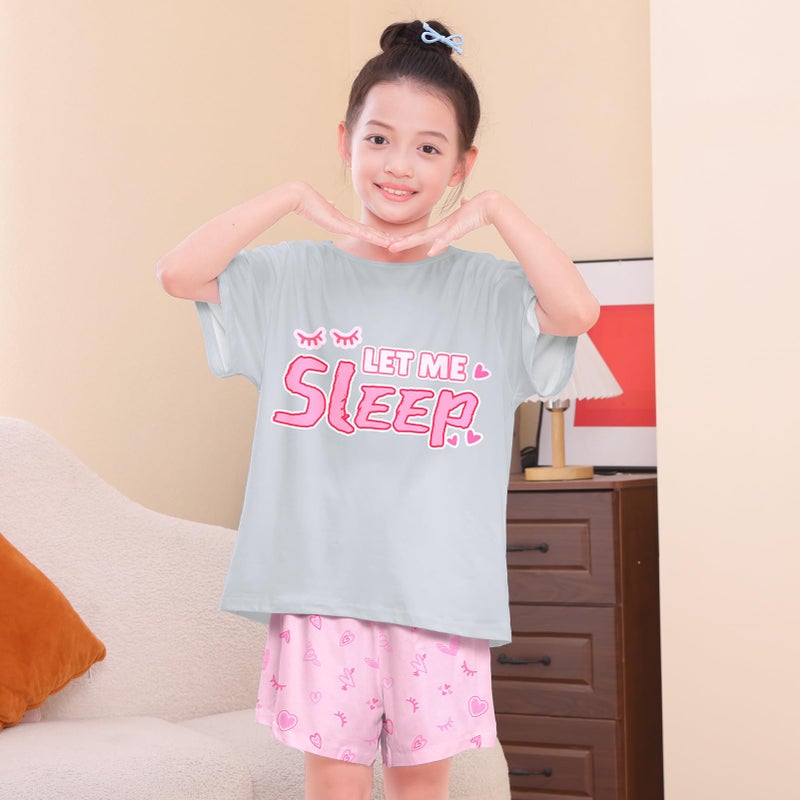 Play Tailor Girls Pajamas for Kids Summer Pjs for Girl Pajama Sets 2Pcs Short Sleeve Top Sleepwear for Teen 8-15, Gray(Shirt & Short Set), 10-11Y - Image 2