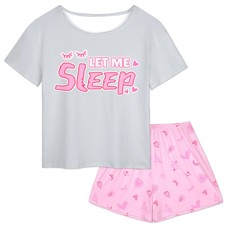 Play Tailor Girls Pajamas for Kids Summer Pjs for Girl Pajama Sets 2Pcs Short Sleeve Top Sleepwear for Teen 8-15, Gray(Shirt & Short Set), 10-11Y - Image 1