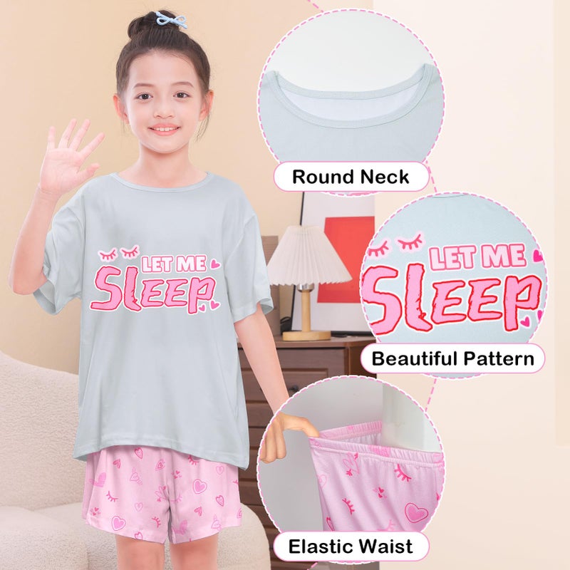 Play Tailor Girls Pajamas for Kids Summer Pjs for Girl Pajama Sets 2Pcs Short Sleeve Top Sleepwear for Teen 8-15, Gray(Shirt & Short Set), 10-11Y - Image 4
