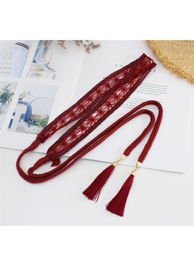 Generic Women Girls Braided Knotted Waist Belt Skinny Mixed Color Rope Exotic Chain Tassel for Dress Skirt-red  - Image 3