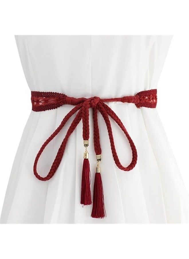 Generic Women Girls Braided Knotted Waist Belt Skinny Mixed Color Rope Exotic Chain Tassel for Dress Skirt-red  - Image 1