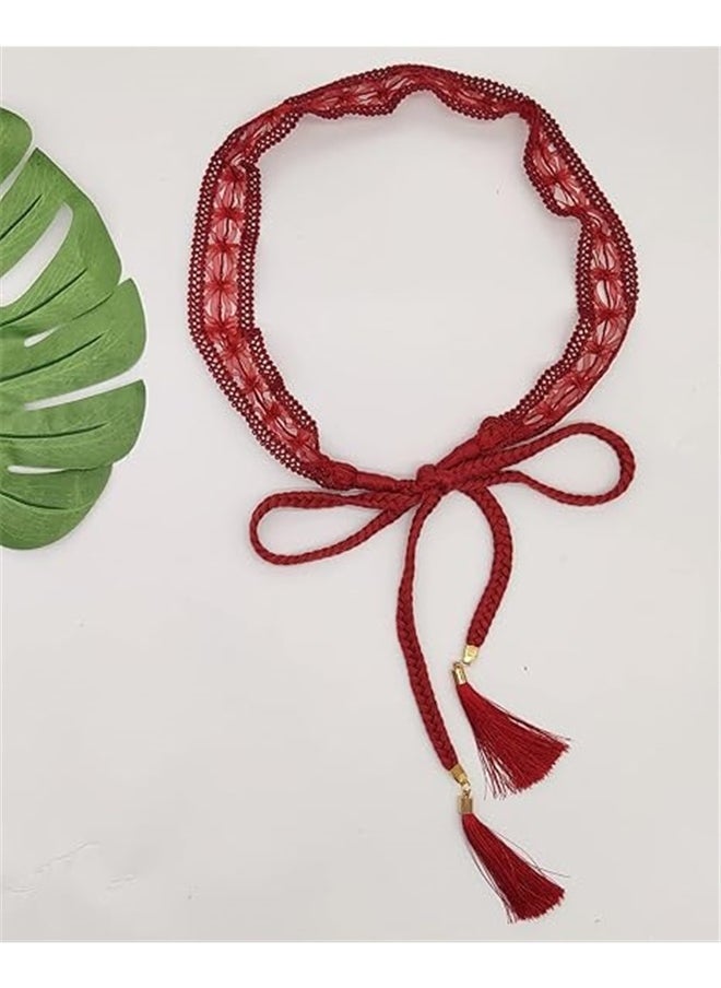 Generic Women Girls Braided Knotted Waist Belt Skinny Mixed Color Rope Exotic Chain Tassel for Dress Skirt-red  - Image 4