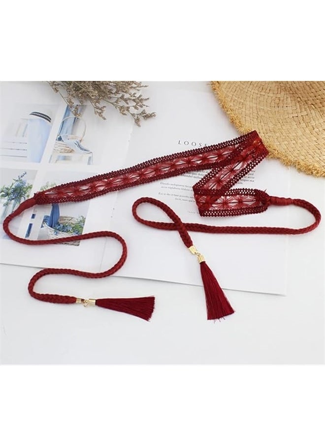 Generic Women Girls Braided Knotted Waist Belt Skinny Mixed Color Rope Exotic Chain Tassel for Dress Skirt-red  - Image 5