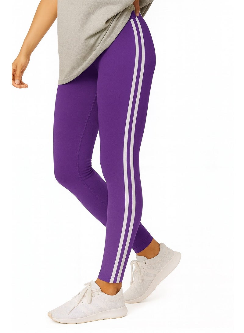 Women's High Waist Three Stripe Leggings Stretch Fitness Pants Breathable Soft Elastic Sports Tights Slim Fit Workout Yoga Running Gym Casual Activewear Full Length Leggings - Image 2