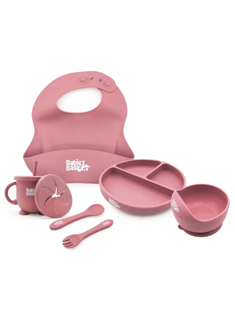 Babies Basic Babies Basic Feeding Set, 6 Piece, Silicone Plate, Bowl, Bib, Spoon , Fork and  2 in 1 Cup - Dusty Pink