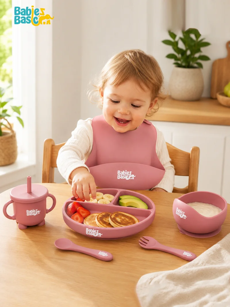Babies Basic Babies Basic Feeding Set, 6 Piece, Silicone Plate, Bowl, Bib, Spoon , Fork and  2 in 1 Cup - Dusty Pink