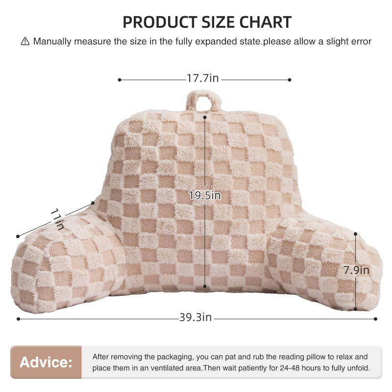 Aimuan Reading Pillow Checkered Bed Rest Wedge Backrest Checkerboard Pillow with Arms Back Support for Sitting Up in Bed Cushion Incline Rest Sleeping Snoring Pillow (Beige,Large) - Image 3