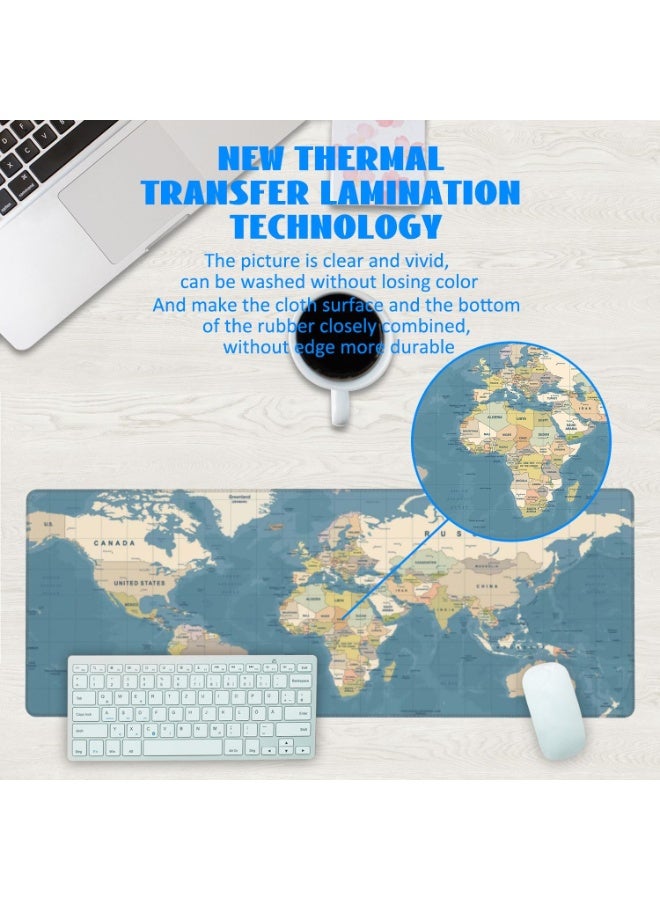 Desk Mat, Blue Vintage World Map Extended Gaming Mouse Pad Large, 31.5"x11.8" Big Mouse Pad with Non-Slip Base and Stitched Edge, Long Computer Keyboard Mouse Mat for Home Office Work - Image 3