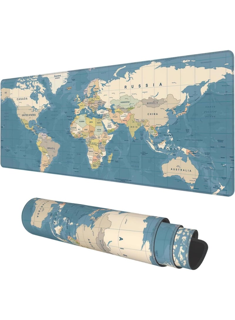 Desk Mat, Blue Vintage World Map Extended Gaming Mouse Pad Large, 31.5"x11.8" Big Mouse Pad with Non-Slip Base and Stitched Edge, Long Computer Keyboard Mouse Mat for Home Office Work - Image 1