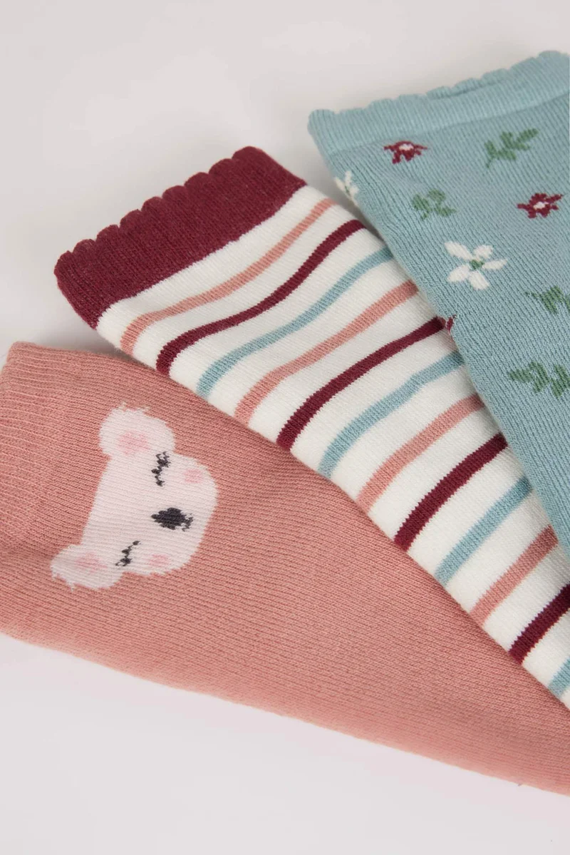 ديفاكتو Baby Girl Non-Slip Sole 3 Piece Cotton Long Socks
