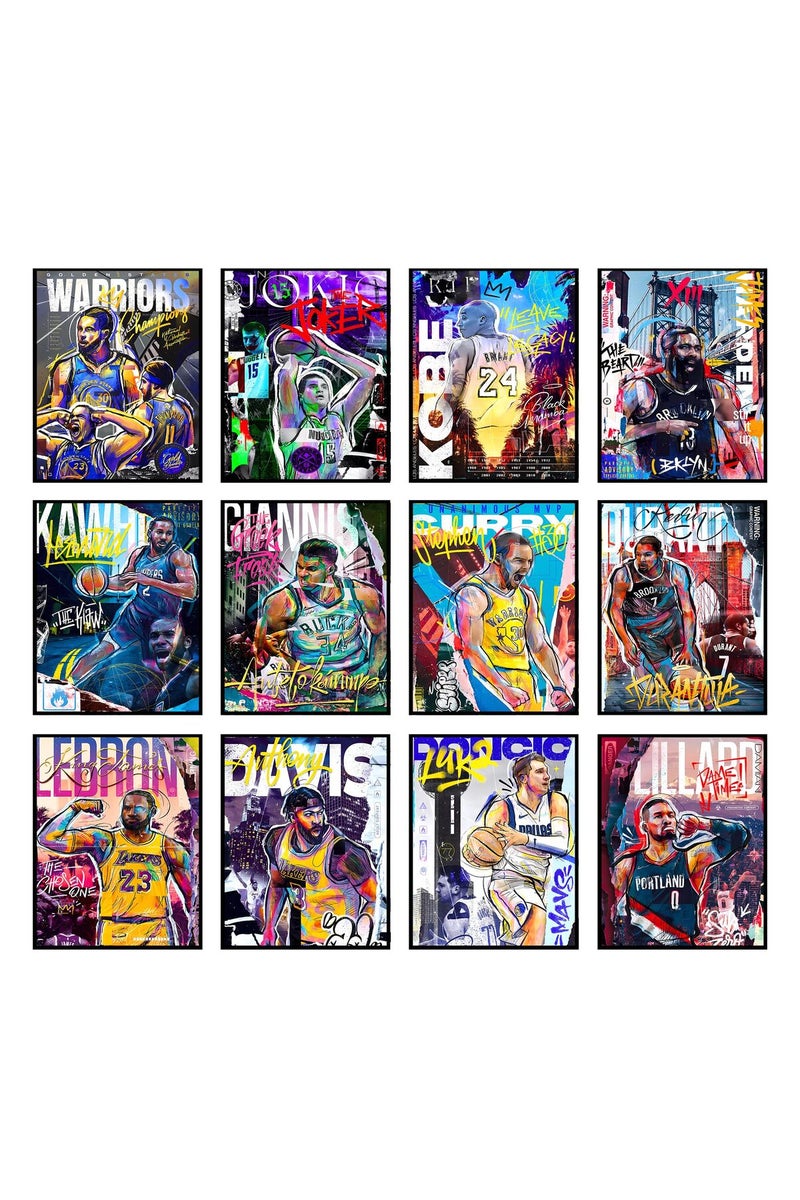 BigWig Prints Basketball Posters - Nba Posters, Basketball Room Decor, Nba Room Decor, Steph Curry, Kobe Bryant Wall Art, Kevin Durant, Lebron Wall Art, Warriors, Lakers - Unframed Set of 12 (8x10) - Image 1