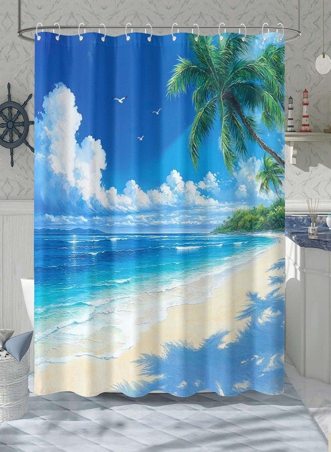kampdream ستارة حمام كامب دريم بتصميم شاطئ استوائي، منظر جزيرة، نخيل، أزرق، محيط، سماء، ساحل، طقم ستارة حمام صيفية مقاومة للماء، 72×72 بوصة - Image 2