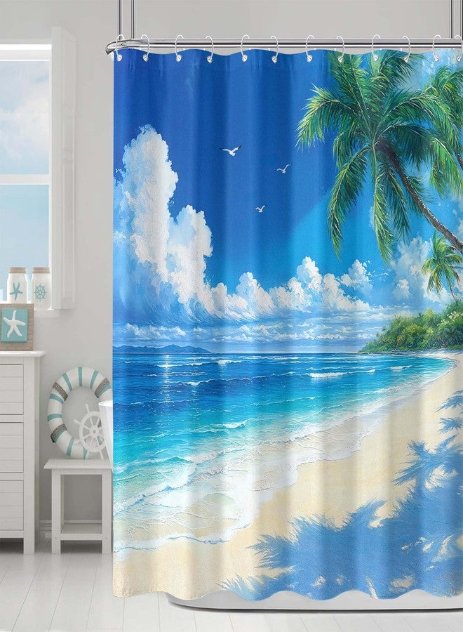 kampdream ستارة حمام كامب دريم بتصميم شاطئ استوائي، منظر جزيرة، نخيل، أزرق، محيط، سماء، ساحل، طقم ستارة حمام صيفية مقاومة للماء، 72×72 بوصة - Image 1