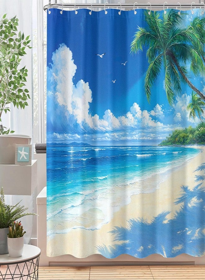 kampdream ستارة حمام كامب دريم بتصميم شاطئ استوائي، منظر جزيرة، نخيل، أزرق، محيط، سماء، ساحل، طقم ستارة حمام صيفية مقاومة للماء، 72×72 بوصة - Image 4