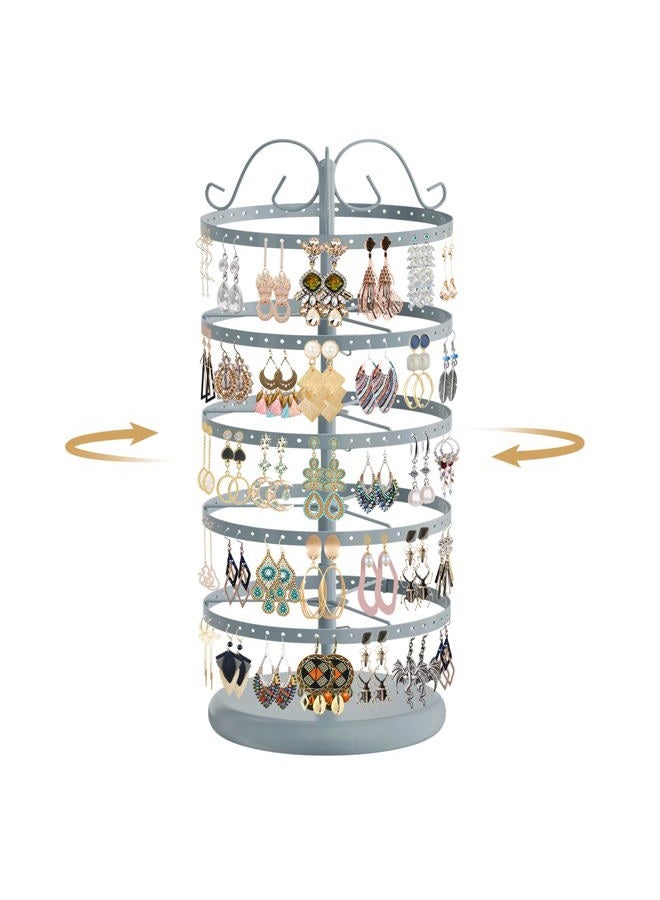 MODOWEY 5 Tiers Metal Rotating Earring Holder Organizer, Exquisite Earring Display Stand Necklace Rack Holder, Jewelry Tower 220 Holes for Women Girls- 14x6.3 Inch (Grey) - Image 1