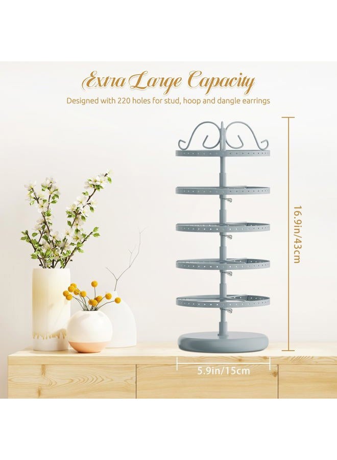 MODOWEY 5 Tiers Metal Rotating Earring Holder Organizer, Exquisite Earring Display Stand Necklace Rack Holder, Jewelry Tower 220 Holes for Women Girls- 14x6.3 Inch (Grey) - Image 3