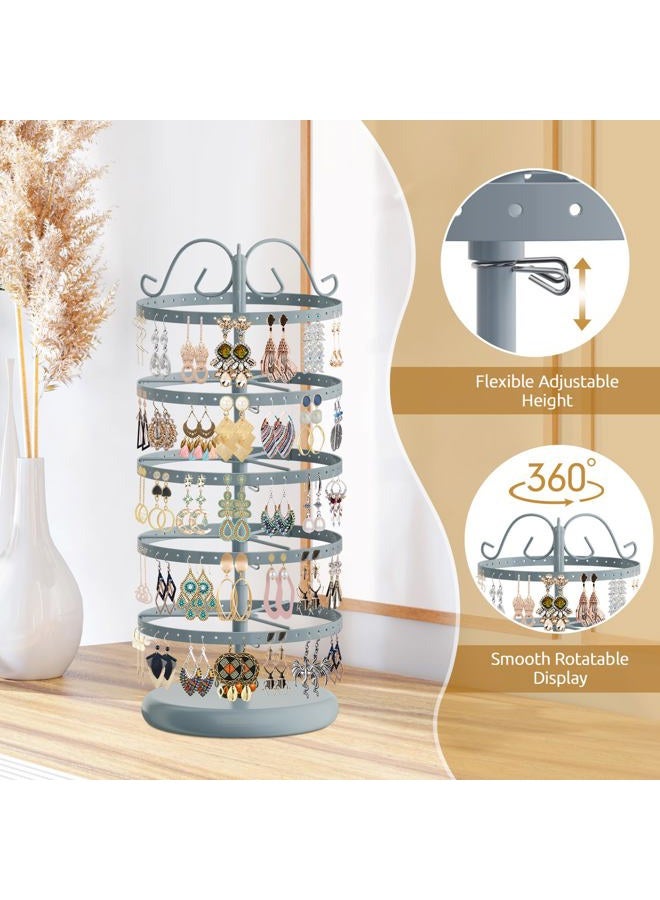 MODOWEY 5 Tiers Metal Rotating Earring Holder Organizer, Exquisite Earring Display Stand Necklace Rack Holder, Jewelry Tower 220 Holes for Women Girls- 14x6.3 Inch (Grey) - Image 4