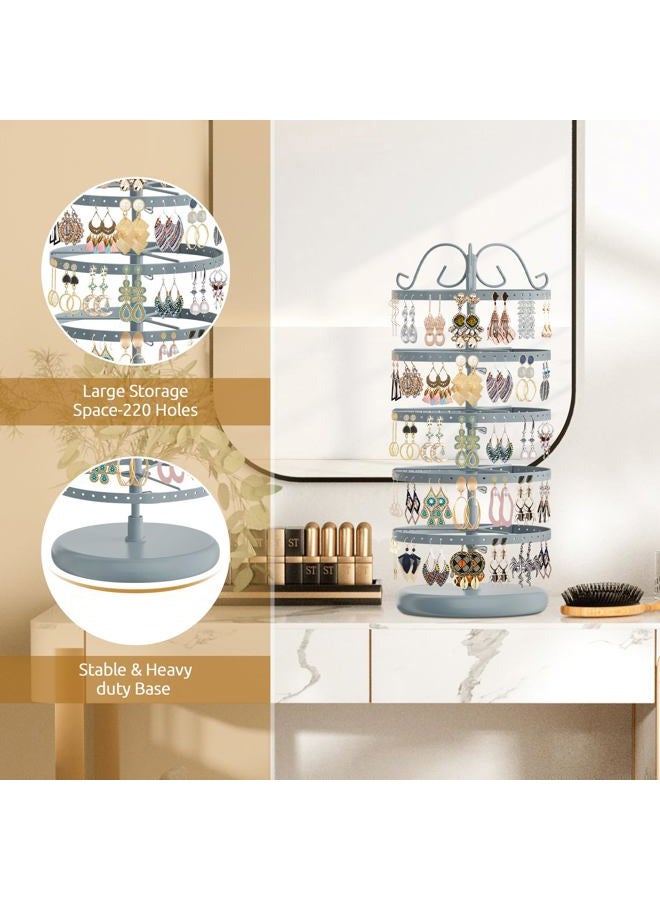 MODOWEY 5 Tiers Metal Rotating Earring Holder Organizer, Exquisite Earring Display Stand Necklace Rack Holder, Jewelry Tower 220 Holes for Women Girls- 14x6.3 Inch (Grey) - Image 5