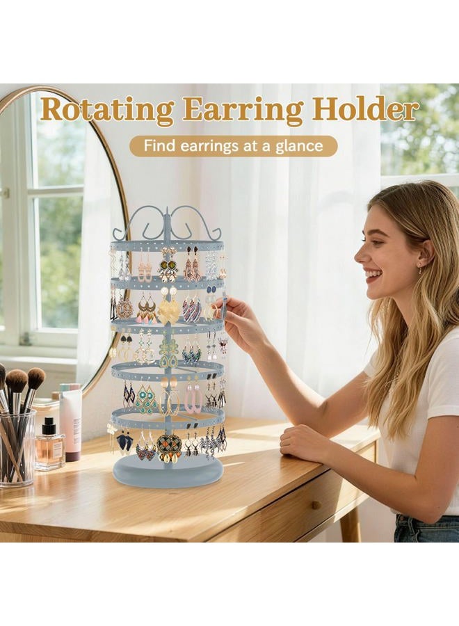 MODOWEY 5 Tiers Metal Rotating Earring Holder Organizer, Exquisite Earring Display Stand Necklace Rack Holder, Jewelry Tower 220 Holes for Women Girls- 14x6.3 Inch (Grey) - Image 2