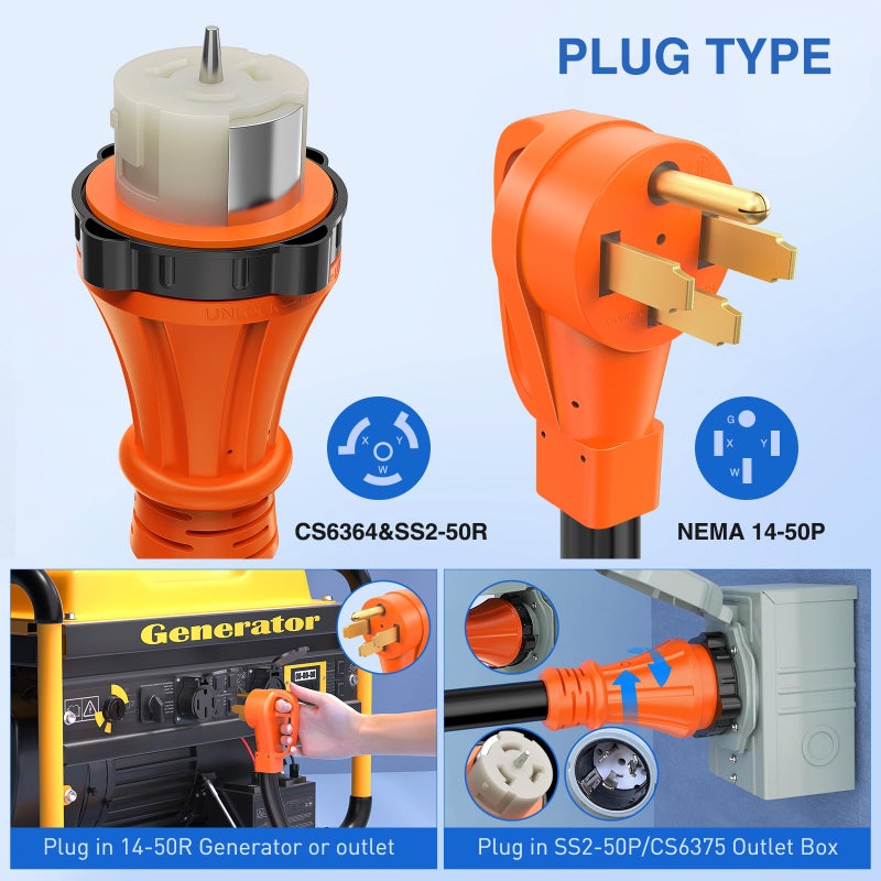 Nilight 50 Amp 15FT Generator Extension Cord 250V 12500Watt Heavy Duty 6/3+8/1 Gauge Pure Copper STW Wire UL Listed 4 Prong 14-50P SS2-50R&CS6364 Twist Lock for RV Camper Outdoor Use - Image 2