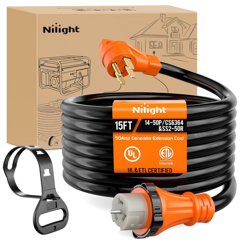 Nilight 50 Amp 15FT Generator Extension Cord 250V 12500Watt Heavy Duty 6/3+8/1 Gauge Pure Copper STW Wire UL Listed 4 Prong 14-50P SS2-50R&CS6364 Twist Lock for RV Camper Outdoor Use - Image 1