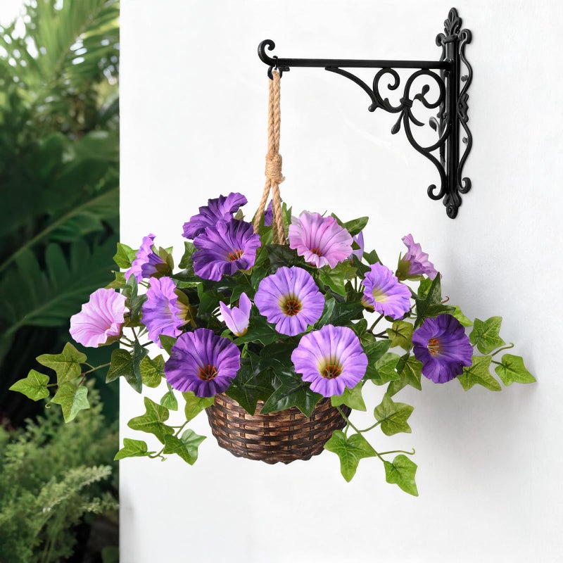 ZFProcess 2 Set Artificial Outdoor Flowers with Hanging Basket, 2 Hanging Planters Faux Silk Morning Glory Flowers for Spring Summer Front Porch Garden Patio Home Decor(Dark Orchid) - Image 3
