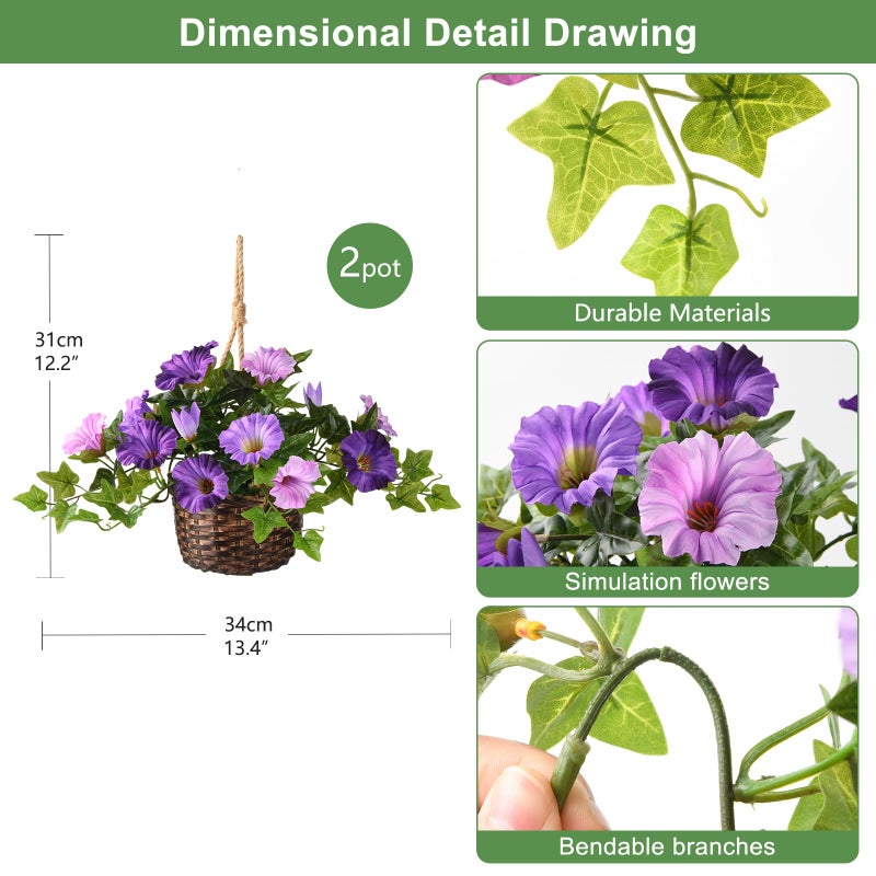 ZFProcess 2 Set Artificial Outdoor Flowers with Hanging Basket, 2 Hanging Planters Faux Silk Morning Glory Flowers for Spring Summer Front Porch Garden Patio Home Decor(Dark Orchid) - Image 2