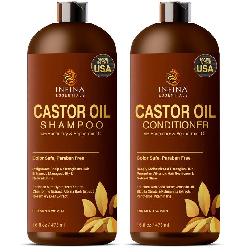 INFINA ESSENTIALS Castor Oil Shampoo and Conditioner Set for Hair Growth with Rosemary & Peppermint Oil - Cleanse Hair, Strengthen & Shine with Castor Shampoo and Conditioner - Anti-Hair Loss for Men & Women - 16 fl oz - Image 1