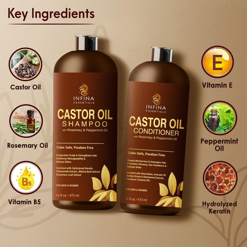 INFINA ESSENTIALS Castor Oil Shampoo and Conditioner Set for Hair Growth with Rosemary & Peppermint Oil - Cleanse Hair, Strengthen & Shine with Castor Shampoo and Conditioner - Anti-Hair Loss for Men & Women - 16 fl oz - Image 2