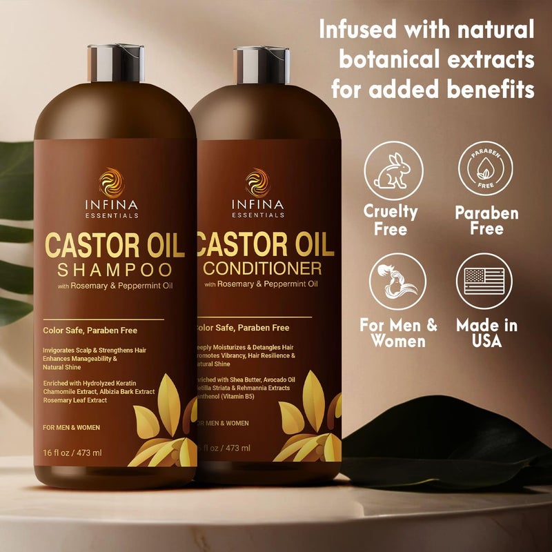 INFINA ESSENTIALS Castor Oil Shampoo and Conditioner Set for Hair Growth with Rosemary & Peppermint Oil - Cleanse Hair, Strengthen & Shine with Castor Shampoo and Conditioner - Anti-Hair Loss for Men & Women - 16 fl oz - Image 5