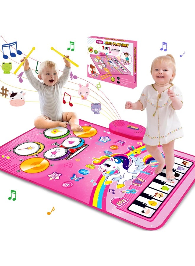 Toys for 1 Year Old Girl Gifts: Baby Music Mat Toddler Toys Age 1-2 - 3 in 1 Piano Drum Animal Touch Unicorn Toy - Infant Musical Toy 12-18 Months Babies Birthday Easter Gifts for 1 2 3 Year Old Girls - Image 1