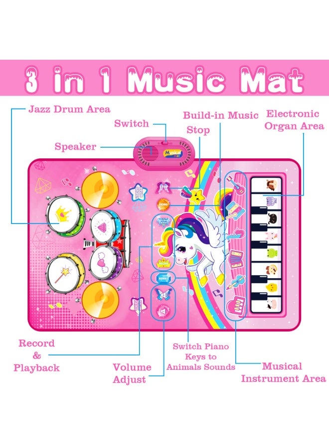 Toys for 1 Year Old Girl Gifts: Baby Music Mat Toddler Toys Age 1-2 - 3 in 1 Piano Drum Animal Touch Unicorn Toy - Infant Musical Toy 12-18 Months Babies Birthday Easter Gifts for 1 2 3 Year Old Girls - Image 3