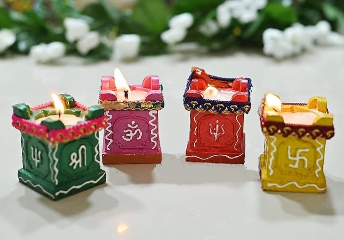TULSI DIYA DIWALI DECORATION ITEM GIFTS TERRACOTTA COLOURFUL HANDMADE DECORATIVE MITTI DIYAS WAX LAMPS FOR DIWALI GIFT BOX NAVRATRI PUJA FESTIVAL LIGHTING SET OF 4 MULTICOLOUR