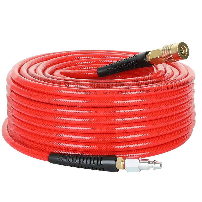 Hromee 1/4-Inch x 100 Feet Polyurethane Air Hose with Bend Restrictors PU Compressor Hose with 1/4" Industrial Quick Coupler and Plug Kit, Red - Image 1