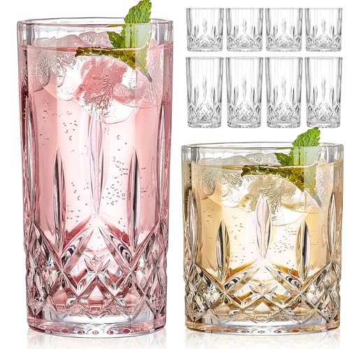 Qipecedm Drinking Glasses, 8 Piece Crystal Glass Cups, Mixed Glassware Set, 4 pcs Crystal Old Fashioned 11oz Highballs and 4 pcs 11oz Whiskey Glasses, Great for Cocktail, Whisky and other Beverages - Image 1