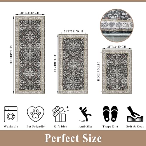 BYYVOO 3-Piece Washable Kitchen Rug Set of 3 with Runner – Non-Slip Boho Kitchen Mats for Hardwood Floor, Sink & Entryway & Bathroom, Home Decor (Black,2x3+2x4+2x5) - Image 2