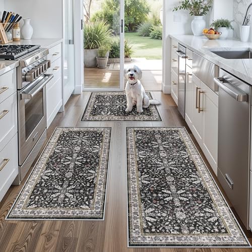 BYYVOO 3-Piece Washable Kitchen Rug Set of 3 with Runner – Non-Slip Boho Kitchen Mats for Hardwood Floor, Sink & Entryway & Bathroom, Home Decor (Black,2x3+2x4+2x5) - Image 1