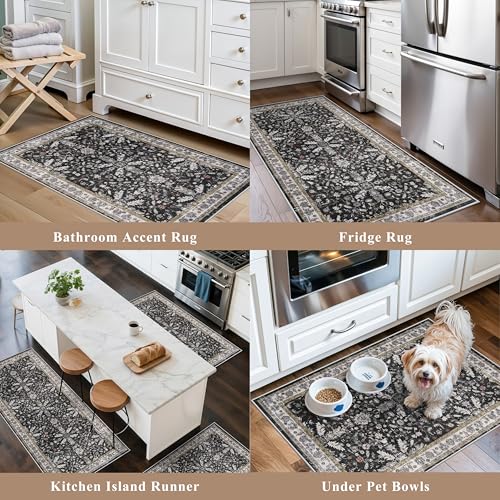 BYYVOO 3-Piece Washable Kitchen Rug Set of 3 with Runner – Non-Slip Boho Kitchen Mats for Hardwood Floor, Sink & Entryway & Bathroom, Home Decor (Black,2x3+2x4+2x5) - Image 4