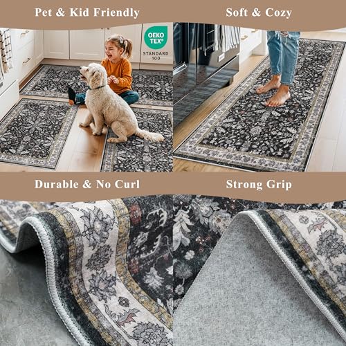 BYYVOO 3-Piece Washable Kitchen Rug Set of 3 with Runner – Non-Slip Boho Kitchen Mats for Hardwood Floor, Sink & Entryway & Bathroom, Home Decor (Black,2x3+2x4+2x5) - Image 5