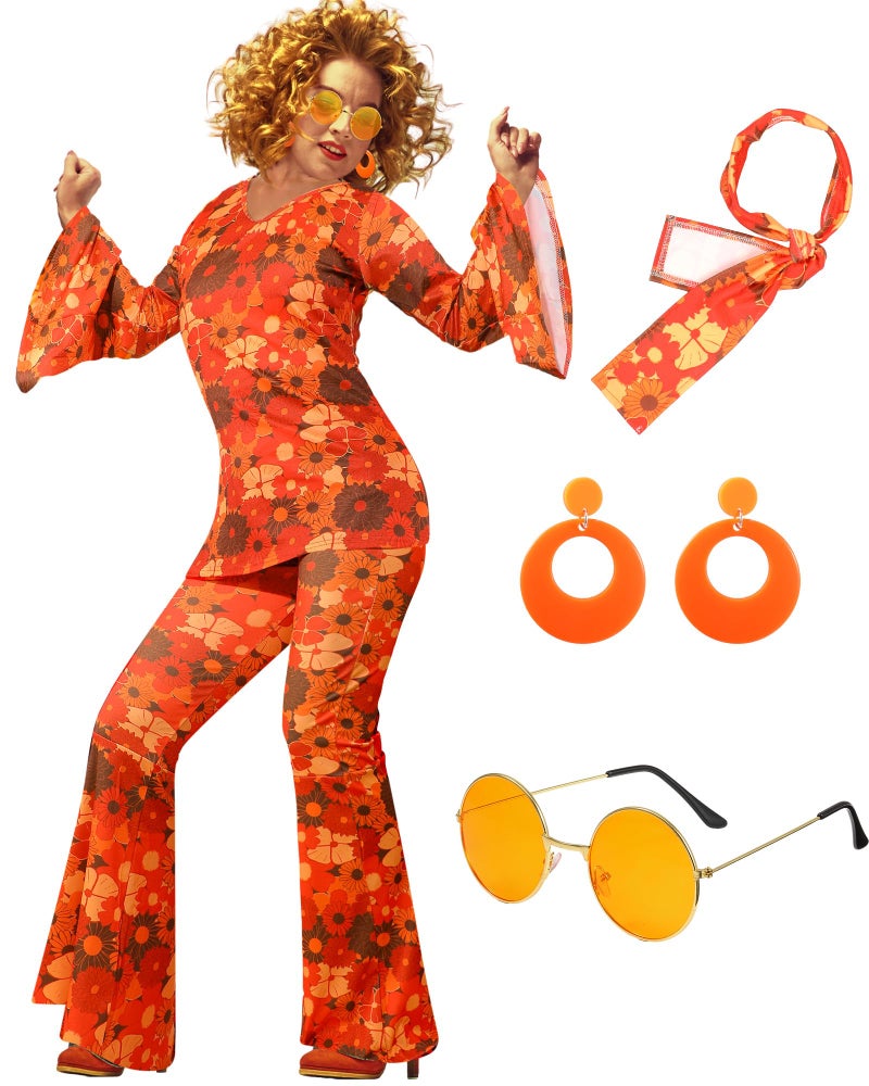 Leumoi 6 Pcs 60s 70s Disco Outfit Women Hippie Costume Accessories Flared Pants Headband Earrings Sunglass(Floral, X-Large) - Image 1