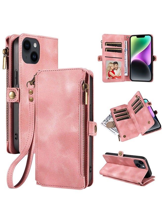 Phone Case for iPhone 15, RFID Blocking iPhone 15 Wallet Case for Women with Credit Card Holder Zipper Pocket PU Leather Protective Cover for Apple iPhone 15 Phone Case, Pink  - Image 1