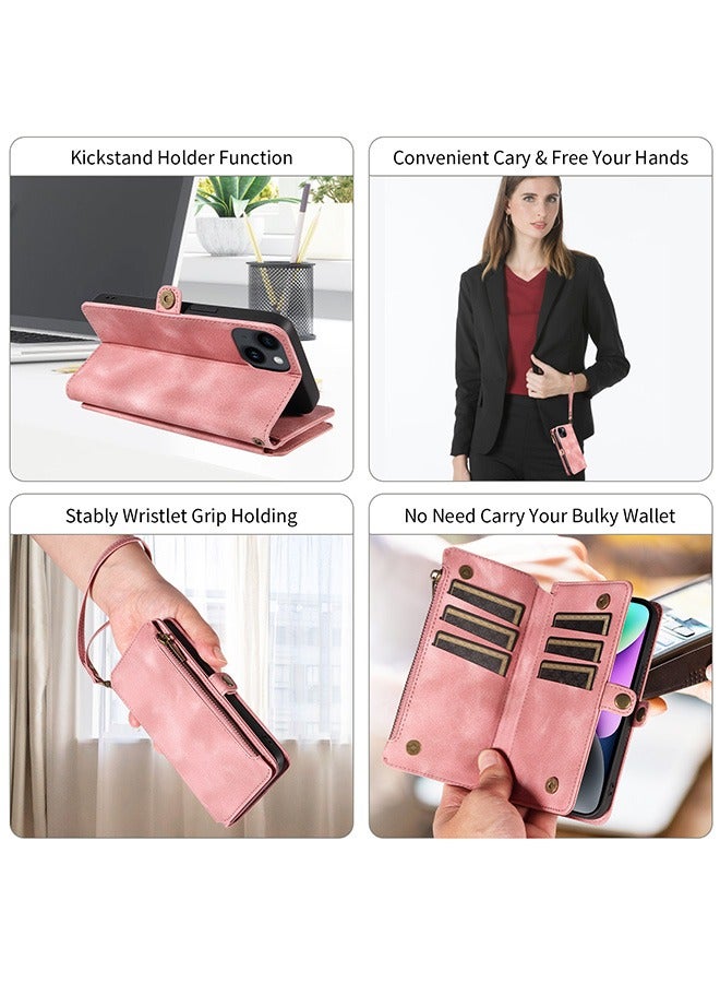 Phone Case for iPhone 15, RFID Blocking iPhone 15 Wallet Case for Women with Credit Card Holder Zipper Pocket PU Leather Protective Cover for Apple iPhone 15 Phone Case, Pink  - Image 3
