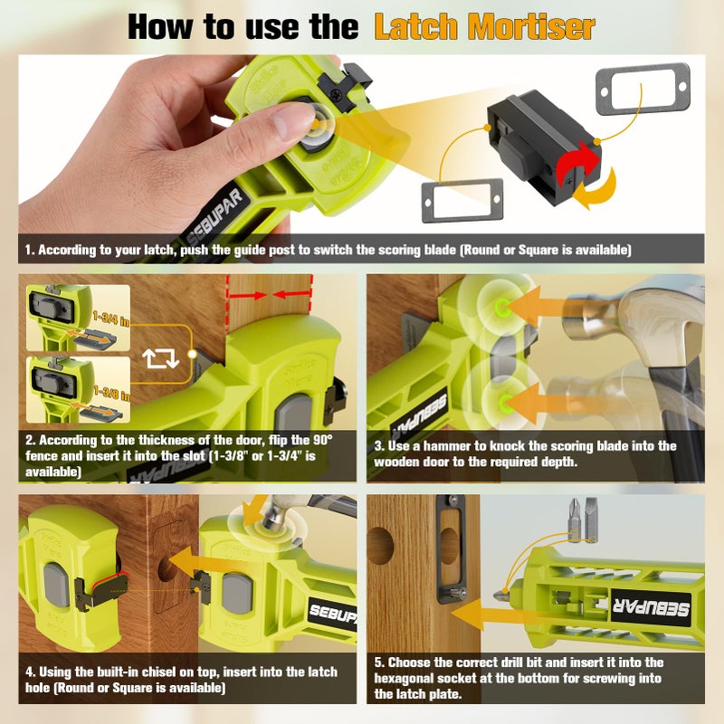 Sebupar Door Latch Kit  Door Latch Mortise Tool For Accurate Scoring And Chiseling  Door Installation Kit Fits For Square Or Round Latch  1-3/8"" Or 1-3/4"" Thick Doors  Built-In Scoring And Chisel Tools - Image 5