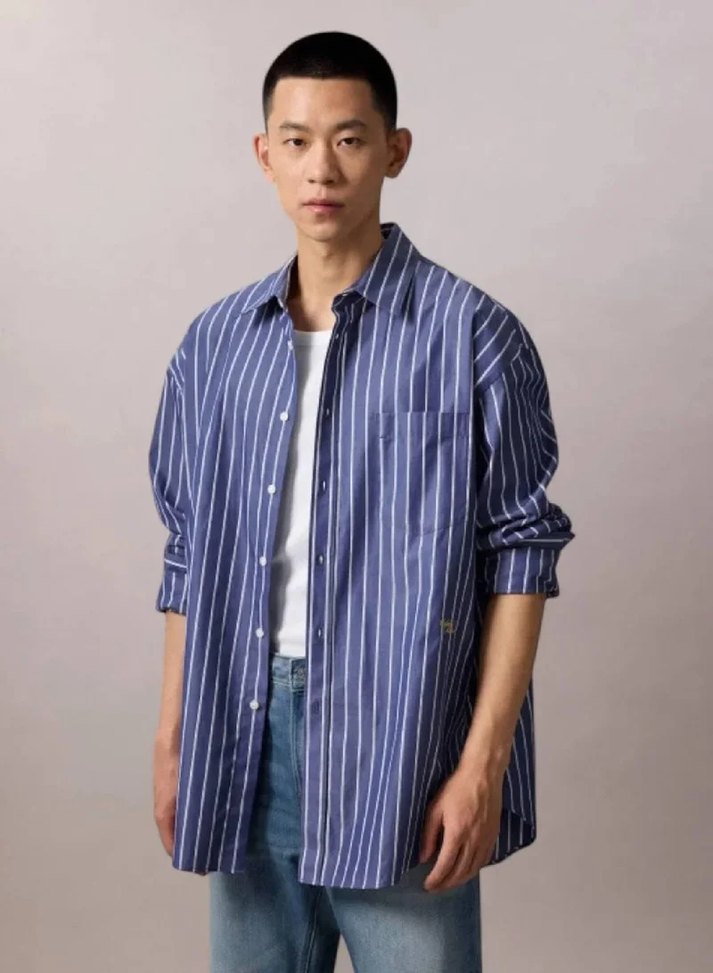 Calvin Klein Signature Navy Oversized Stripe Long Sleeve Shirt for Men | Best Price UAE
