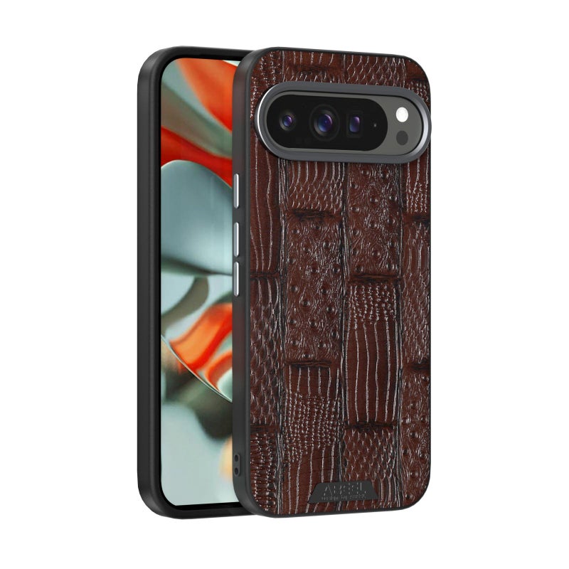 HuHa Case Cover For Google Pixel 9 / 9 Pro ABEEL Beast Pattern 6D Micro-Embossed MagSafe Genuine Leather Phone Case(Brown) - Image 1