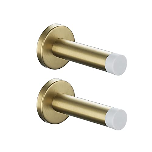 JQK Door Stopper Gold, 304 Stainless Steel Thicken 1mm Sound Dampening Door Stop Bumper Wall Protetor 2 Pack, Brushed Gold Black Tip, DSB5-WG-P2 - Image 1