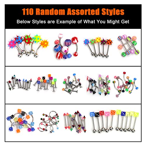CrazyPiercing Lot of 110PCS Body Jewelry Piercing Eyebrow Navel Belly Tongue Lip Bar Ring - Image 5