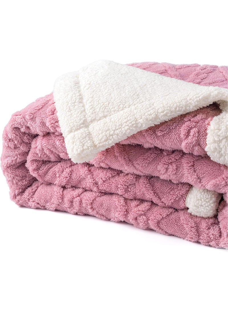 Fabienne Jacquard Sherpa Blanket Single Size Faux Fur Bed Blanket 160x220cm Flannel Fleece Reversible Blanket Warm and Plush Throw Blanket Pink  - Image 1